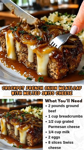 Crockpot French Onion Meatloaf with Melted Swiss Cheese A savory meatloaf infused with rich French onion flavors, slow-cooked to perfection and topped with gooey melted Swiss cheese for an easy, comforting dinner What You'll Need 2 pounds ground beef 1 cup breadcrumbs 1/2 cup grated Parmesan cheese 1/4 cup milk 2 eggs 1 tablespoon Worcestershire sauce 1 packet French onion soup mix (or 1 large onion, finely chopped) 1 teaspoon garlic powder Salt and pepper to taste 8 slices Swiss cheese How to M