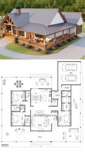 Akashi Designs on Instagram: "🏡✨ Timeless 3-Bedroom Home Design A warm and inviting home featuring a wrap-around porch covering the front and sides, perfect for relaxed outdoor living 🌿 Thoughtfully designed with a heated space of 2,092.93 sq ft, blending comfort, character, and functionality. 🛏️ 3 bedrooms 🌿 Wrap-around porch (front & sides) ☀️ Bright interiors with seamless indoor–outdoor flow 🔗 House plans available on our website 👉 Link in bio 🎥 Full house tour on YouTube 👉 Link in b