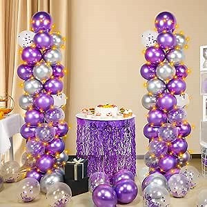 Balloon Column Stand Kit with Balloons & String Light, 2 Set Balloon Holder, 7 Feet Height Adjustable Balloon Tower Pillar with Reusable Metal Telescopic Design for Birthday,Party Decoration (Purple)