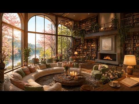Luxury Spring Library with Fireplace & Lake View 🌸🔥 | Cozy Ambience for Study, Read & Relax