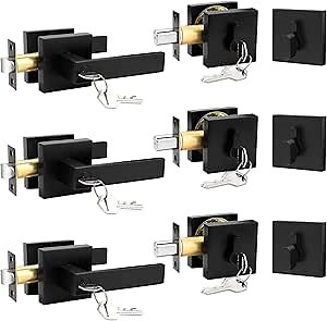 Probrico Matte Black Exterior Door Locksets with Deadbolt,Front Door Entry Handle and Single Cylinder Deadbolt Set, Square Door Lever with Keyed One Side Deadbolt Lock, Keyed Alike 3Pack