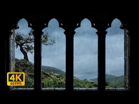 4K Rainy Westeros Window View | Ancient Oak Tree Hills Ambience for Sleep & Study 8 Hours