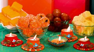 Colorful Diwali oil lamps, Deepavali oil lamps lighted in beautiful formation with bowls full of different Diwali sweets. Decorative Colorful Diya lamps lit during Diwali celebration