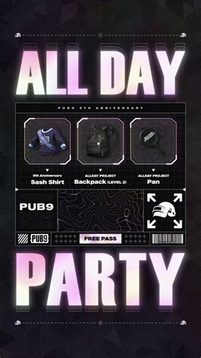 9주년 업데이트 기념 🎉 🎟 로그인 1일차, 이벤트 패스 무료 지급! 이벤트 기간 내 완주하면 ALLDAY PROJECT 프라이팬부터 이모트까지 🔥 준비된 보상을 모두 만나보세요! 🗓️ [이벤트 패스: 올 데이 파티] 📍 PC: 3/11 11:00 - 3/25 09:00 📍 Console: 3/19 11:00 - 4/2 09:00 #배틀그라운드 #펍지 #배그 #ALLDAYPROJECT #PUBG #PUB9 #STILLHEREALLDAY
