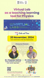 Join us for the live session on "Virtual lab as a teaching learning tool for Physics" organized by CIET, NCERT, New Delhi. 🗓️20 November, 2024 🕙10:00 am to 11:00 am ▶️Watch live at https://youtube.com/@ncertofficial Also you can watch through PM eVidya DTH TV channels 6-12. #NCERT #MinistryofEducation #VirtualWorld #VirtualLabs #science #physics #Training #onlinetraining #DIKSHA #Education #FreeEducation #PMeVIDYA #EducationForAll #students #elearning #DigitalLearning #Teaching #Learning | Nat