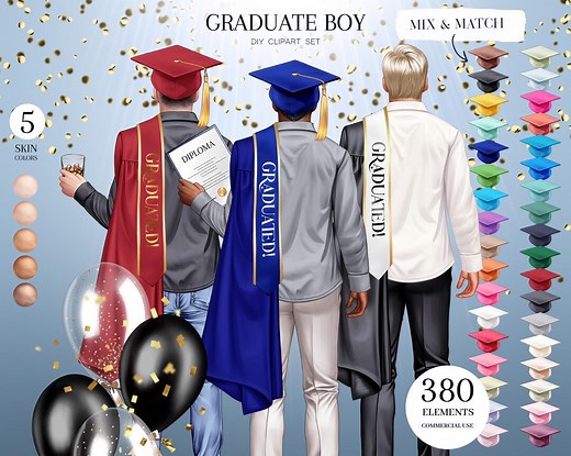 Graduate Boy Clipart, Graduation Men PNG, Students Clip Art, Schoolboys, Caps and Gowns Clipart, Custom Gift, Personalized Portrait - Etsy