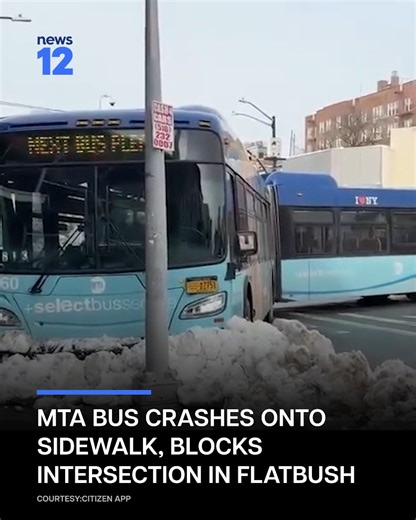 BUS CRASH: A Citizen app video shows an MTA B44 bus that crashed on the sidewalk and blocked an intersection in Flatbush. The crash happened just after 1:30 p.m. at Nostrand Avenue at Hillel Place, according to the MTA. News 12 reached out to the FDNY and is awaiting a response. https://tinyurl.com/4jvmrvkf | News 12 Brooklyn