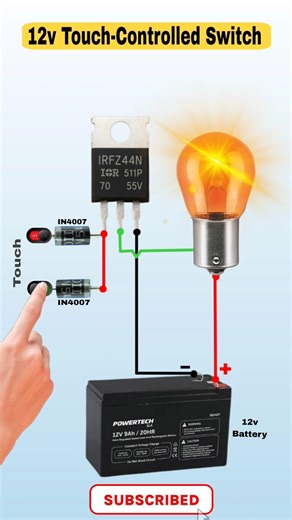 12V Touch Switch using IRFZ44N ⚡ बिना बटन के ON/OFF | Easy MOSFET Circuit Diagram #Shorts