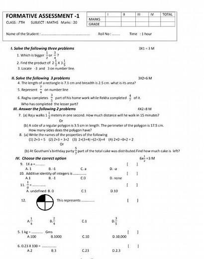 7th fa1 class maths exam paper formative assessment-1 exam paper