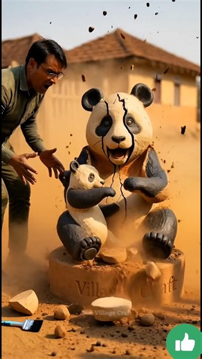 Village craftsman carving panda mother and baby statue | Wooden art | #woodcarving #woodstatue