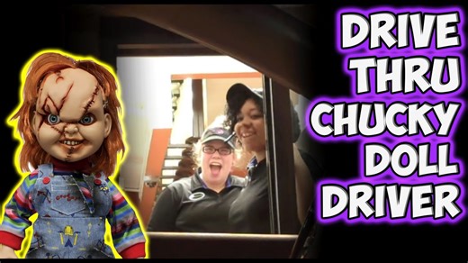 Chucky doll appears to drive a car through drive-thru in prank