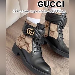 Gucci GG Marmont Round toe Leather and Canvas ankle Boots