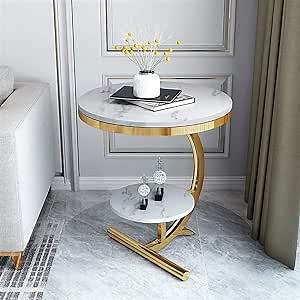 Luxury Marble End Table Decor & More Round Coffee Table with Storage Shelf for Home & Living Room |Gold Coffee Table|Outdoor & Indoor Furniture(Color : Gold+White, Size : Double Layer)
