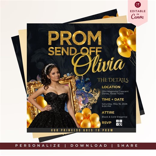 Prom Send off Invitation Template Editable Canva | Luxury Black Gold Prom Party Flyer Invite, Personalized | Prom Celebration Invitations - Etsy