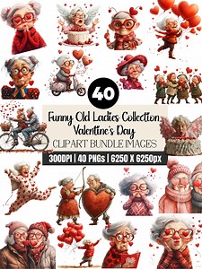 Funny Old Ladies Clipart for Valentine's Day: Whimsical Granny PNG, Romantic Retirement Designs, Grandma Art, Perfect for Crafts, Invites - Etsy