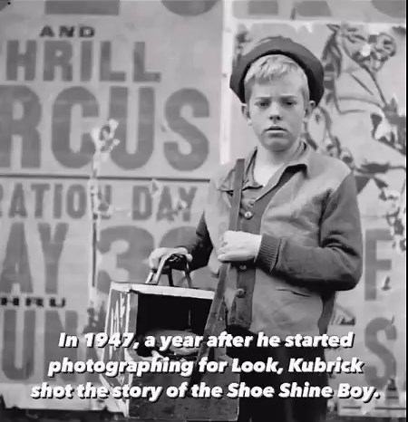 A day with a shoe shine boy in New York, by Stanley Kubrick, 1947 ————————————————————————- In 1947, a year after he started photographing for Look, Kubrick shot the story of the Shoe Shine Boy. This pictorial contains a total of 202 images captured on 35mm film strips and medium and large format negative, most of which have never been published. This story follows Mickey, a 12-year-old boy from Brooklyn who shines shoes for 10 cents a pop to help support his sizable family, including nine broth