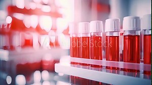 Medical test tubes. Tubes with blood in lab. Lab assistant, a medical scientist, a chemistry researcher a glass tube through the blood sample, does a chemical experiment and examines a patient's blood