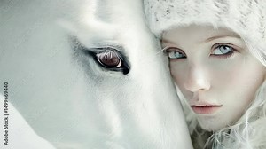 beautiful albino woman, her eyes open and glowing with an ethereal light. A white horse's face is positioned near her shoulder, its bright eye playfully covering hers, adding intrigue