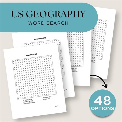 US Geography Word Search Printable Puzzles, United States Mountain Peaks Activity, Classroom Geography Worksheets, Homeschool Curriculum - Etsy