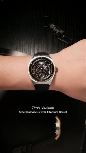 The Artemis is our bold take on an 'integrated' style on an FKM rubber strap, designed to be quite different from anything else in our catalog. The fully skeletonised movement is encased in a towering sapphire crystal that replaces a traditional bezel. The sculpted midcase is available in 3 materials: sandblasted Titanium, Stainless Damascus steel and Mokume-Gane. The vintage Marvin 700 from the 60s powers the Artemis, first used in the Skyraiders but now with an edgier twist to the dial. Fully 