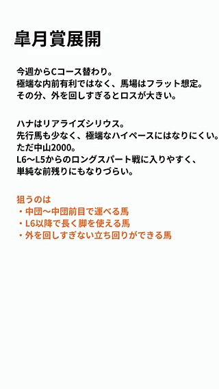 皐月賞 最終結論混戦と言われている割に、上位4頭のオッズが抜けている。この構図なら人気に乗るより逆張り。今年のG1は1番人気が勝ち続けているが、今回はオッズ差ほどの力差はない。ロブチェン、グリーンエナジー、リアライズシリウスはすべて消し。上位人気で決まれば諦める。穴本命で勝負。これまでの本命結果。【G1】桜花賞｜スターアニス🥇大阪杯｜クロワデュノール🥇高松宮｜サトノレーヴ🥇フェブ｜ウィルソンテソーロ 🥈【その他重賞】NZT｜ロデオドライブ🥈毎日杯｜アルトラムス🥇フラワー｜スマートプリエール🥇ファル｜ダイヤモンドノット🥇金鯱賞｜シェイクユアハート 🥇弥生賞｜アドマイヤクワッズ 🥉中山記念｜エコロヴァルツ 🥉チューリ｜タイセイボーグ 🥇オーシャン｜ルガル 🥉阪急杯｜ドロップオブライト 🥉京都記念｜エリキング 🥈クイーン｜ジッピーチューン 🥈シルク｜ヤマニンアルリフラ 🥉AJCC｜ドゥラドーレス 🥈プロキオ｜ロードクロンヌ 🥇小倉牝馬｜ジョスラン 🥇日経新春｜リビアングラス 🥉シンザン｜サウンドムーブ 🥈中山金杯｜グランディア 🥉京都金杯｜ブエナ