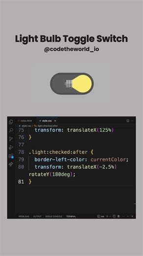 Light Bulb Toggle Switch #codetheworld #programmer #programming #developer #studenlife #computerscience #code #short #reels #dev #it #software #softwaredeveloper #webdevelopment #csstransition #coder #navbar #keyboardsound #relax #reply #x #card #hover #vscode #lightbulbtoggleswitch