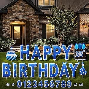 Yerliker 16 Pcs Happy Birthday Yard Signs with Stakes, 32.8 ft LED Lights, 42 Pcs Number Stickers, 13.4 Inch Letters Signs for Birthday Party Supplies Yard Lawn Outdoor Decoration(Royal Blue)