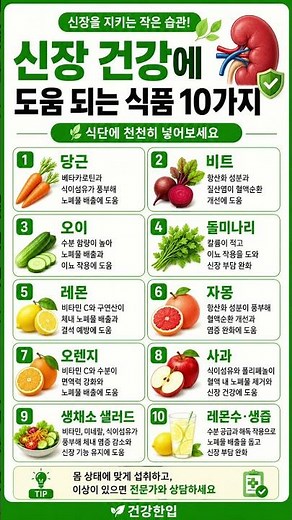 신장 건강에 도움 되는 식품 10가지매일 식단에 천천히 넣어보세요#신장에좋은음식 #신장건강 #콩팥건강 #당근효능 #비트효능 #레몬수 #생채소 #건강식단 #중년건강