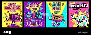 Retro party poster. Back to 90s, nostalgia music and karaoke flyer design with cartoon characters vector set Stock Vector Image & Art - Alamy
