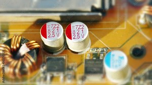 Capacitor explosion. Computer system overload concept. Fire radio component footage in slow motion.