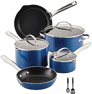 Farberware Style Nonstick Cookware Pots and Pans Set with Cooking Utensils, Dishwasher Safe, 10 Piece - Blue