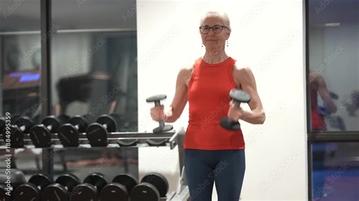 Mature woman exercises with weights at gym to improve strength and stay fit while following her workout routine.