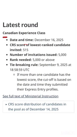 ✨ CEC Draw – A Big Moment for Canadian Dreamers! ✨ Today, 16 December 2025, marks another exciting milestone for Express Entry candidates as Immigration, Refugees and Citizenship Canada (IRCC) conducted a Canadian Experience Class (CEC) draw with a CRS cut-off score of 515, issuing 5,000 Invitations to Apply (ITAs) 🎉 This draw brings renewed hope to skilled workers who have contributed to Canada’s workforce and are now one step closer to becoming permanent residents. With a strong number of inv