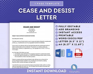Cease and Desist Letter Template, Legal Cease and Desist Notice Letter, Stop Unlawful Activities Letter, Cease and Desist Order Template - Etsy