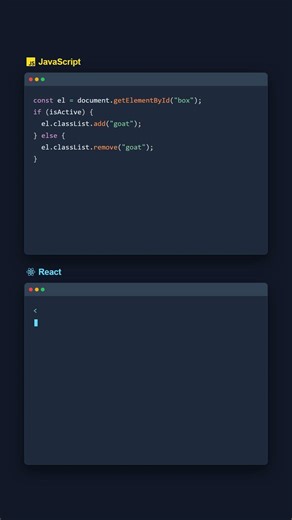 Same UI goal, different structure: JavaScript vs React changes how styling and components fit togeth
