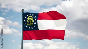 Georgia state waving flag. USA Close up American GA flag flutters in the wind. Cloudy sky background. Realistic 3d render cgi.