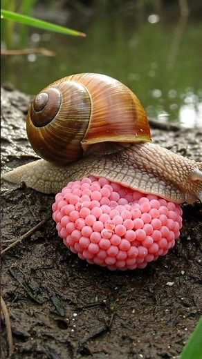 Miraculous! Close-up of mother snail giving birth to eggs