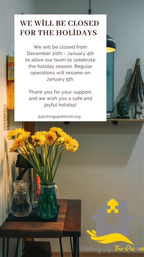 Picking Up The Pieces on Instagram: "Picking Up The Pieces will be closed for the holidays from December 20 – January 4 as we pause to rest, reflect, and spend time with loved ones. While our doors are closed, the need doesn’t stop. Families are still waiting for warm beds, furnished rooms, and the dignity of a place to truly call home. 💛 If you feel led, please consider making a donation during our holiday closure. Your gift helps us start the new year ready to serve families transitioning out
