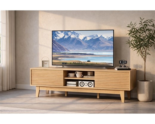 Mid Century Modern TV Stand With Sliding Fluted Doors, Wood Media Console Cabinet - Etsy