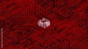 Red 3d Computer chip with connections and signals. AI Computer processor background. Mother board circuit pattern background
