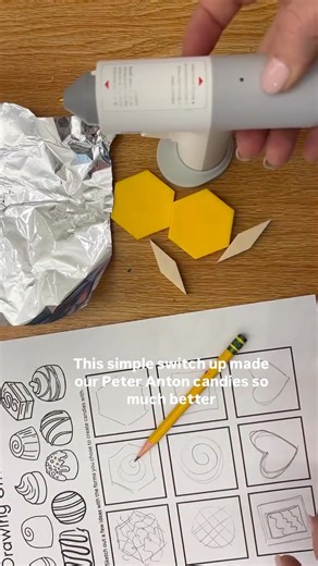 Dawn Lynn on Instagram: "Peter Anton–inspired candy upgrade, round two: not a have to… a can do. In our choice-based studio, the focus is the process: idea + plan, quick sketch (or a studio help sheet), gather materials, then build your form. We’re using forms + foil for volume, then “skin” it with an air-dry modeling compound (Model Magic-ish). The HOTO cordless glue guns are a game-changer—ready in under 2 minutes, fine tip, and the perfect quick adhesive (not a building material). This time o