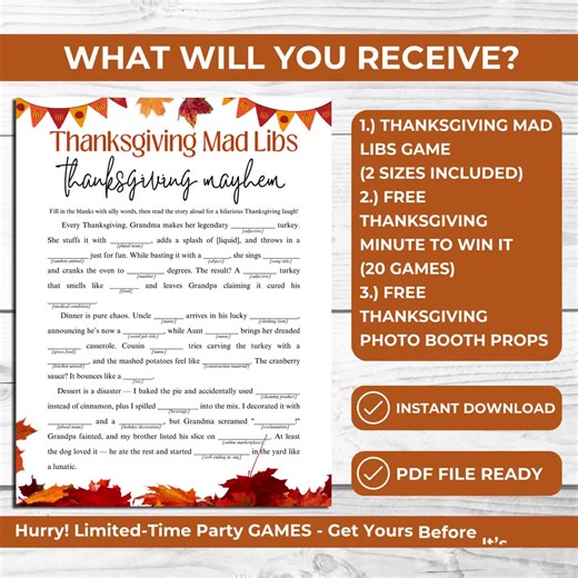 Thanksgiving Mad Libs Game Printable for Kids & Adults Funny Word Game for Family Dinner Free Minute to Win It Games and Photo Booth Props - Etsy