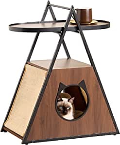 soges Indoor Triangle Cat House, Small Cat End Table for Sofa Side, Portable Cat Cave, Wooden Cat Furniture, Multi-Function Cat Condo with Cat Scratcher
