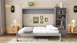 Harper & Bright Designs Walnut Brown Wood Frame Queen Murphy Bed Wall Bed with Left-Side or Right-Side Storage Bookcase and Adjustable Shelf LHC182AAD