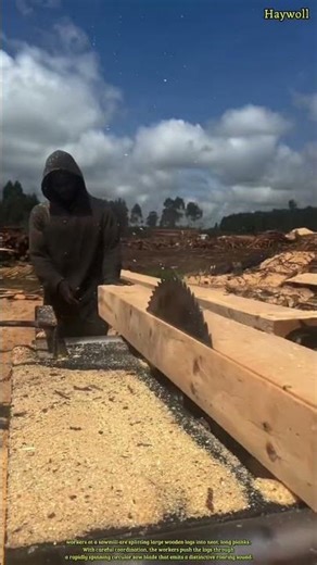 Cutting wooden logs into planks using an industrial circular saw.