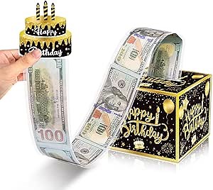 Birthday Money Box for Cash Gift Pull, Surprise Gifts Box for Cash, Money Holder with 30Pcs Transparent Bags (Birthday-Black Gold)