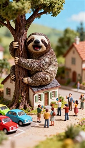 Giant Sloth Hugs a Tree in Tiny Village