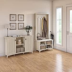 Bush Home Salinas Entryway Storage Set with Hall Tree, Shoe Bench and Accent Cabinet in Antique White