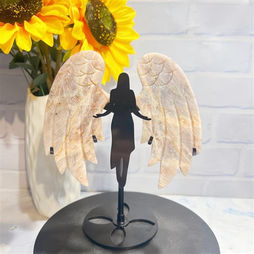 Sunstone Mixed With Moonstone Angel Wings|hand-carved Natural Crystal Angel Sculpture|home Office Altar Meditation Decoration|spiritual Gift - Etsy