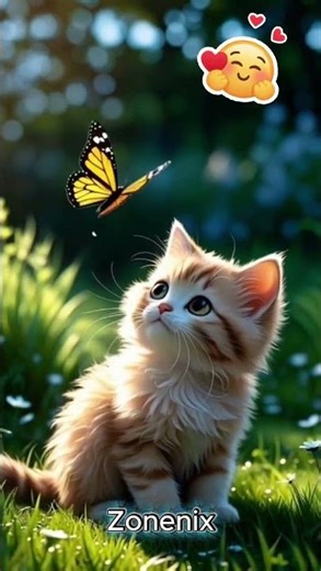 "Curious Orange Kitten Watching Monarch Butterfly in Sunlit Garden"